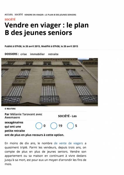 Les Jeunes Seniors et le Viager, article d'Europe 1 en date du 20 avril 2015